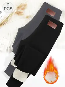 2-Pack Women's High Waist Fleece Lined Leggings, Solid Color,High Stretchy & Comfortable,Casual Fleece Yoga Pants,Outdoor Sports Winter Leggings