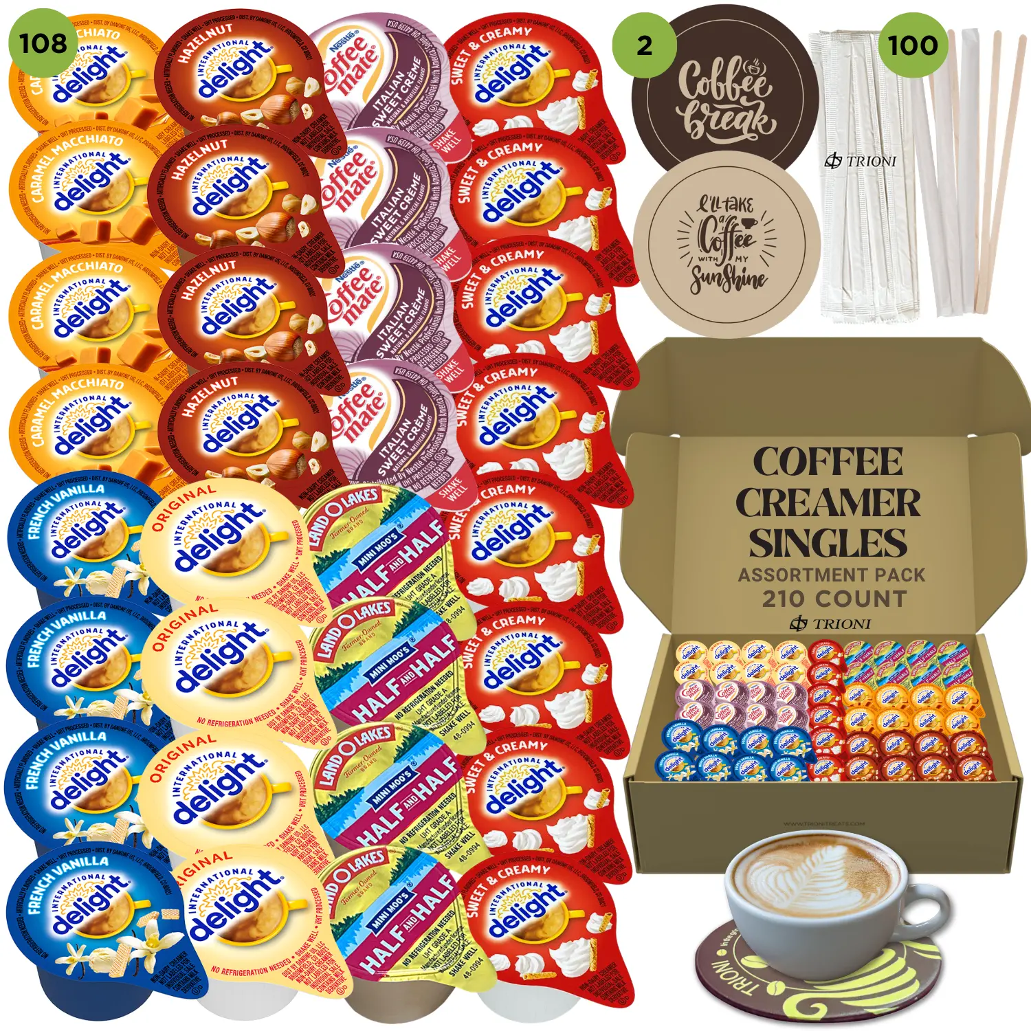 International Delight Coffee Creamer Singles Variety Pack - Sweet Cream, Italian Sweet Creme, and 5 More Flavors CoffeeCreamer Pods with Stirrers & Coasters
