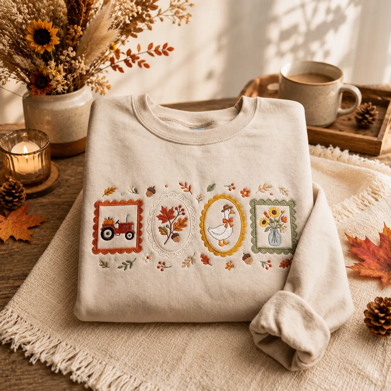 Embroidered Cottagecore Fall Sweatshirt, Cozy Season Crewneck, Autumn Floral Goose Shirt, Autumn Girly Gift