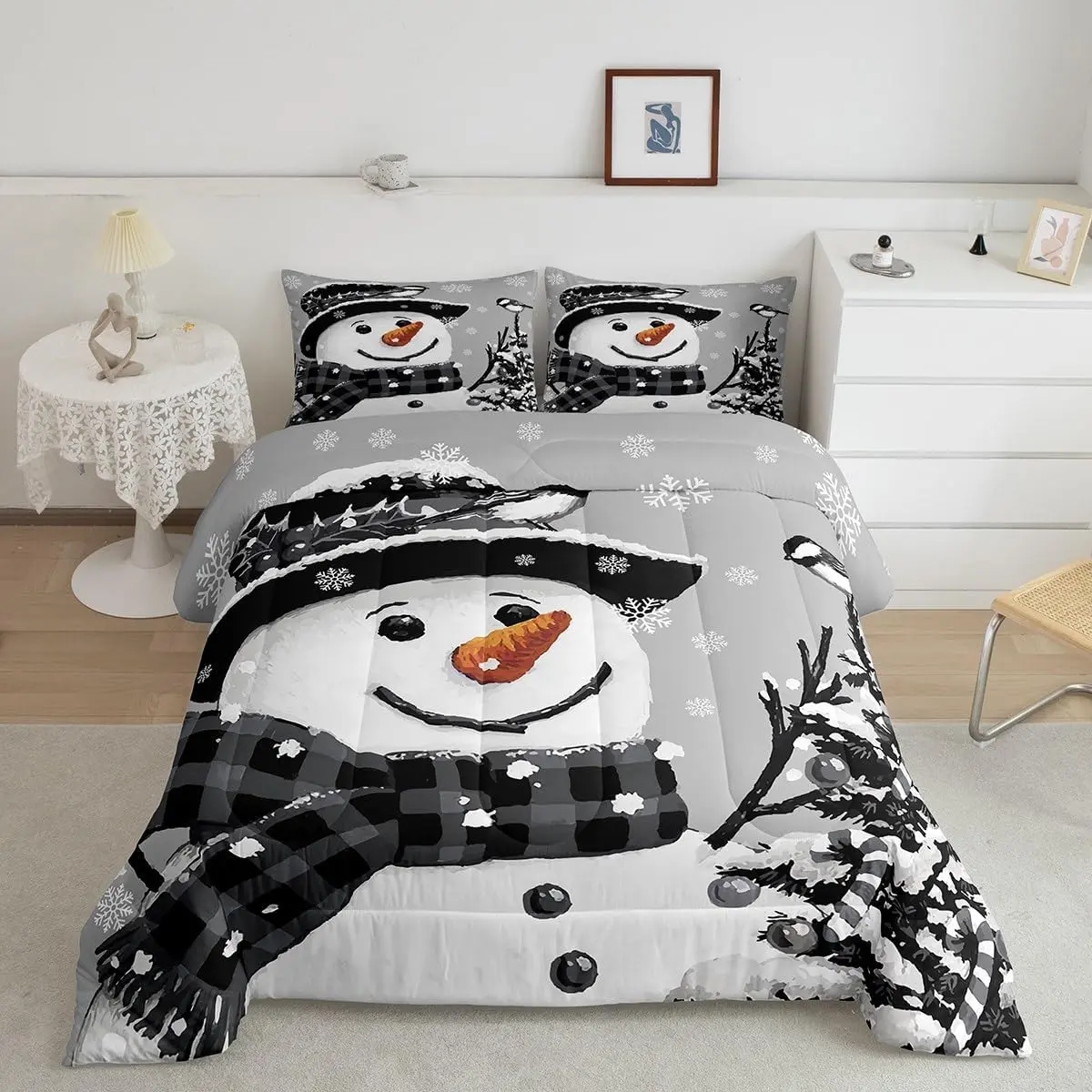 Christmas Theme Printed Quilt Bedding Set - Comfy Breathable Microfiber Linens, Kawaii Snowman Duvet, Grey Snowflake Design, Printed Bedding Set, Bedspread Set, Decorative Bedsheet Sets