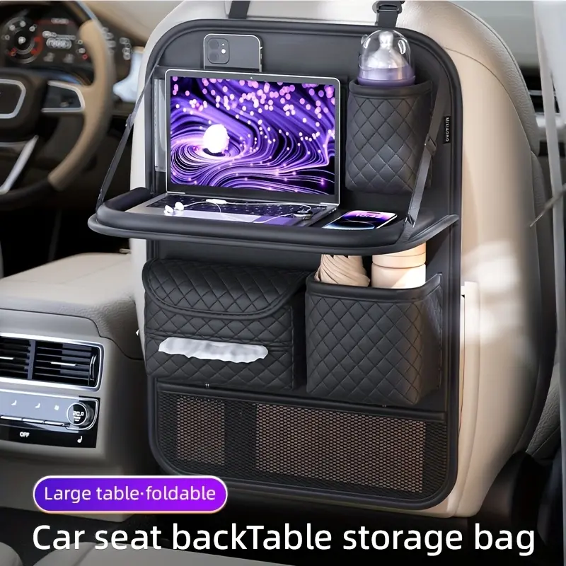 Car Seat Back Organizer - Tidy Rear Seat for Family Rides & Road Trips, Faux Leather Foldable Design with Tablet Holder, Cup Holder & Mesh Pockets