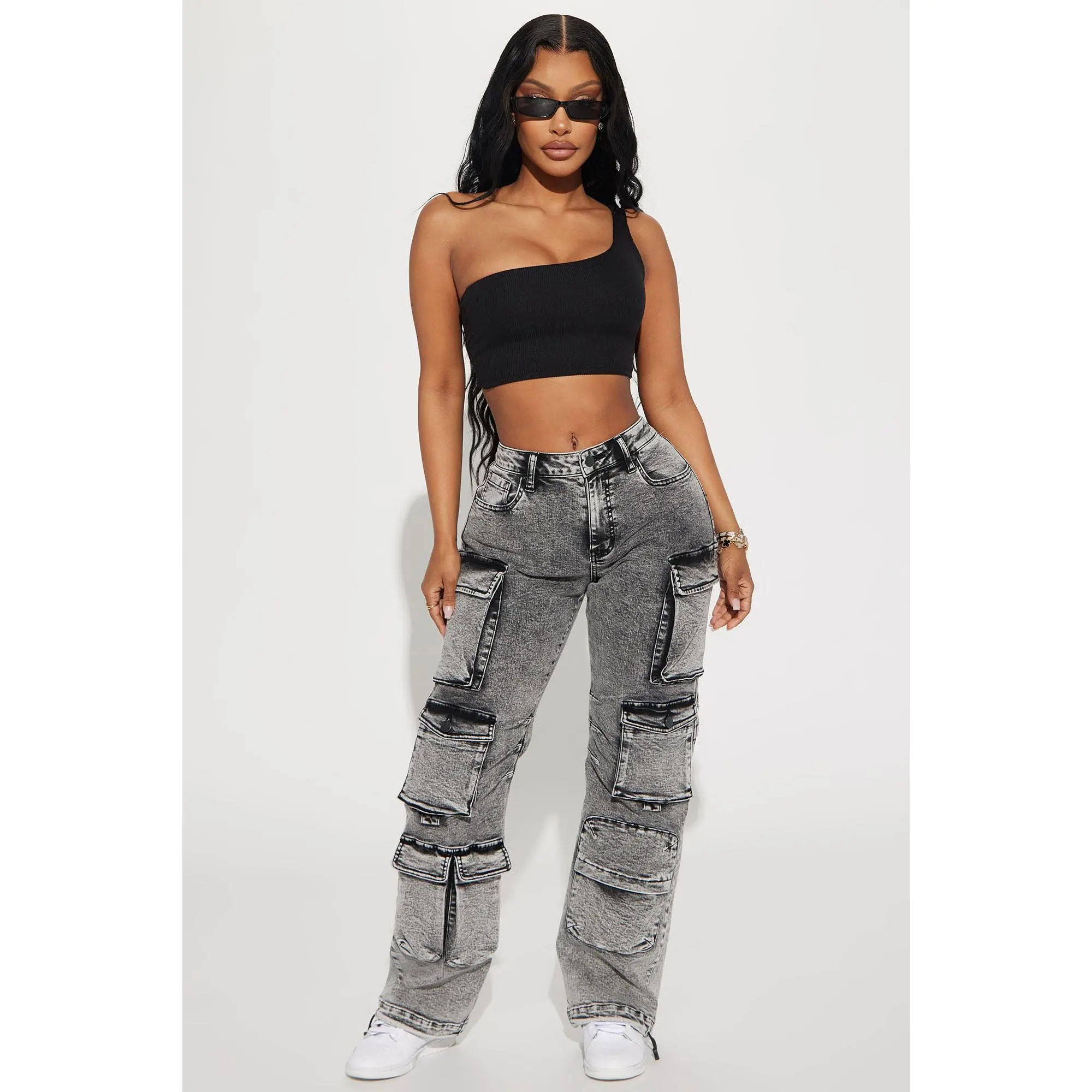 Fairfax High Rise Stretch Cargo Jeans - Acid Wash Grey