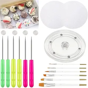 Cookie Decorating Kit DIY Cookie Turntable Supplies Royal Icing Tools Inludes Acrylic Cookie Turntable Cookie Scribe Needle Silicone Mesh Mats Cookie Decoration Brushes Rubber Feet Bumpers for Gift Holiday Easter Valentine