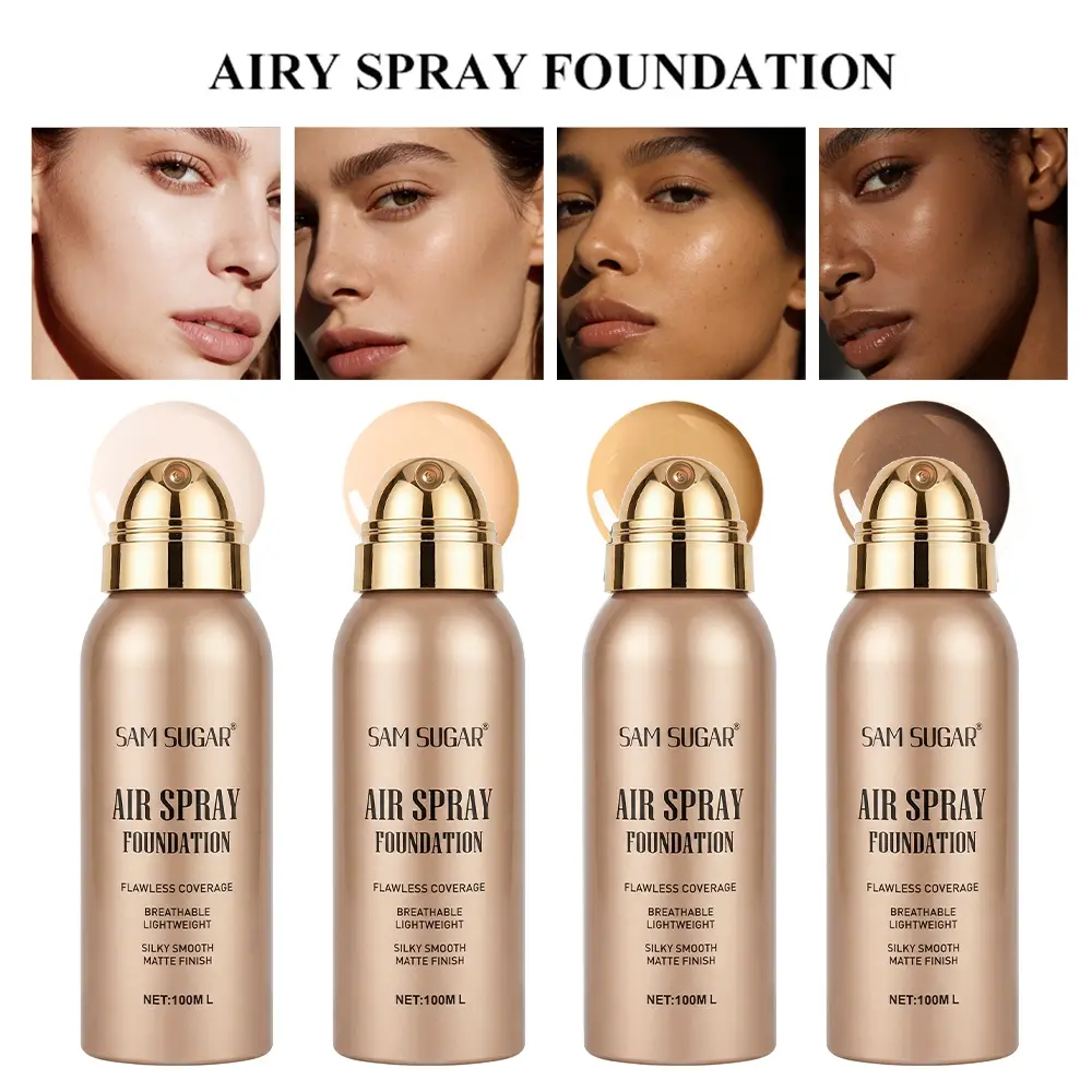 Sam Sugar Air Cushion Liquid Foundation Makeup Spray Face Makeup Cosmetic, High Coverage Flawless Complexion Creamy Matte Finish, Lightweight, Sweatproof Long-Lasting, Suitable for Mature Skin, Natural Nude Look