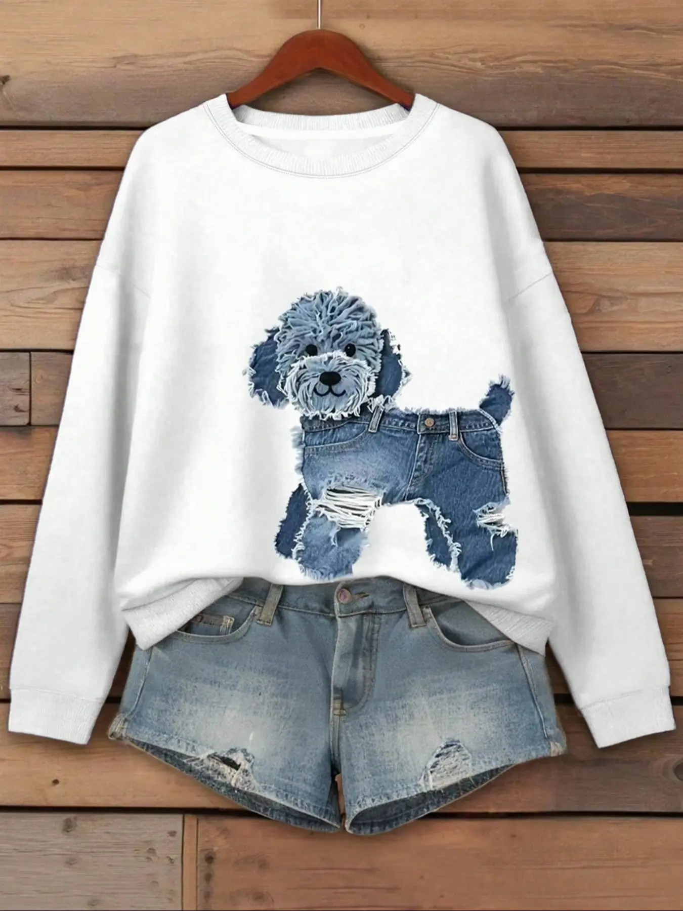 Women's Cartoon Denim Dog Graphic Print Round Neck Pullover Loose Funny Sweatshirt, Casual Long Sleeve Hoodie for Fall Winter, Daily Wear