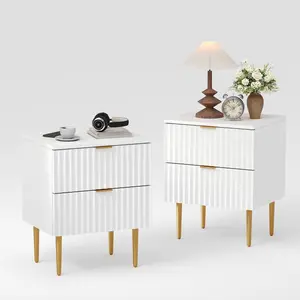 Garvee Set of 2 Fluted Modern Wood Nightstands with Charging Station, 2 Drawers, USB Ports & Outlets, Gold Accent Bedside Tables for Living Room, Bedroom, Office in White