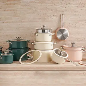 High appearance level 4 piece 304 stainless steel ceramic coated pot set, including 1 milk pot, 2 stock POTS, 1 non-stick pan, for dishwasher and induction cooker Cookware Pink Beige