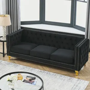 80.5" Velvet 3-Seater Couch, Modern Upholstery 3-Seat Sofa with Button Tufting, Nailhead Trims and Golden Metal Legs, Sofas for Living Room and Office, Black