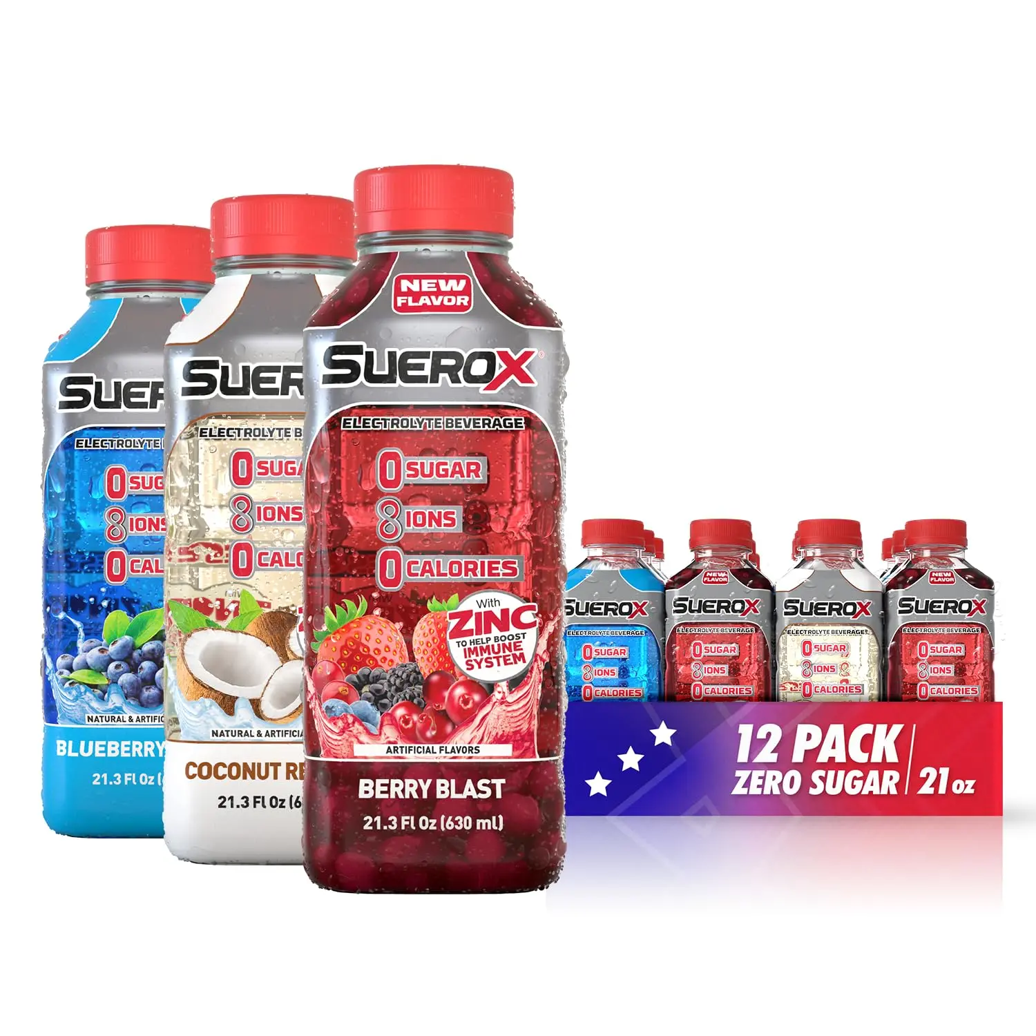 SueroX Zero Sugar Electrolyte Drink Patriotic Pack: Blueberry, Coconut, Berry Flavors. Sugar-Free Hydration & Recovery with 8 Ions & Electrolytes. Zero Calorie Sports Drink,  21.3 Fl Oz, 12 Count.