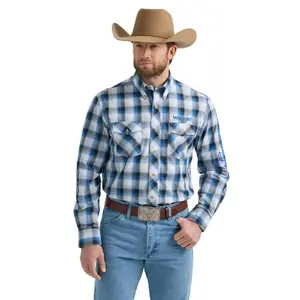 Wrangler Men's "Logo Plaid" Long Sleeve T-Shirt, Blue - 112352383