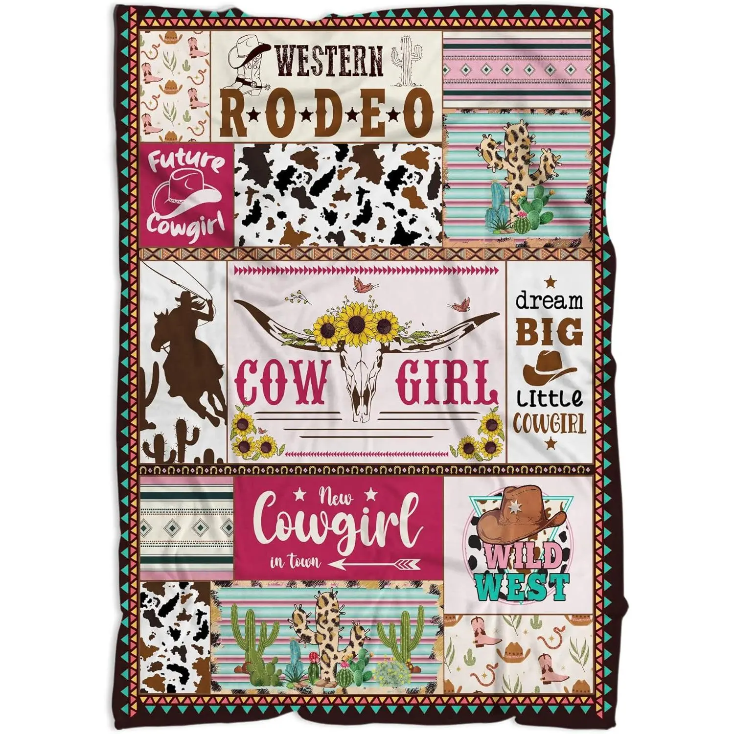 Western Rodeo Cowgirl Patchwork Sunflower Cactus Cow Print Flannel Blanket Soft Warm Throw Plush Blanket Wild West Country Farm Decor Bedroom Couch Nap Blanket Giftable Cowgirl Vintage Patchwork Blanket For Room Party Day Gift Popular Home Blanket