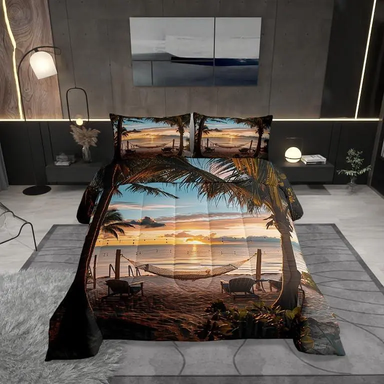 Seaside SunSet,Comforter,Tropical Palm Tree Hawaii Ocean Theme Quilt Comforter,Sunny Beach Coastal Nature Theme Bedding Set,Comfortable,Soft and Breathable