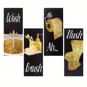 Glamorous Women's Bathroom Western Wall Art Decor, 4 Counts/set Hilarious Quotes, Elegant Black & White with Gold Accents, Durable Wood Hangings, Ornaments, Decoration
