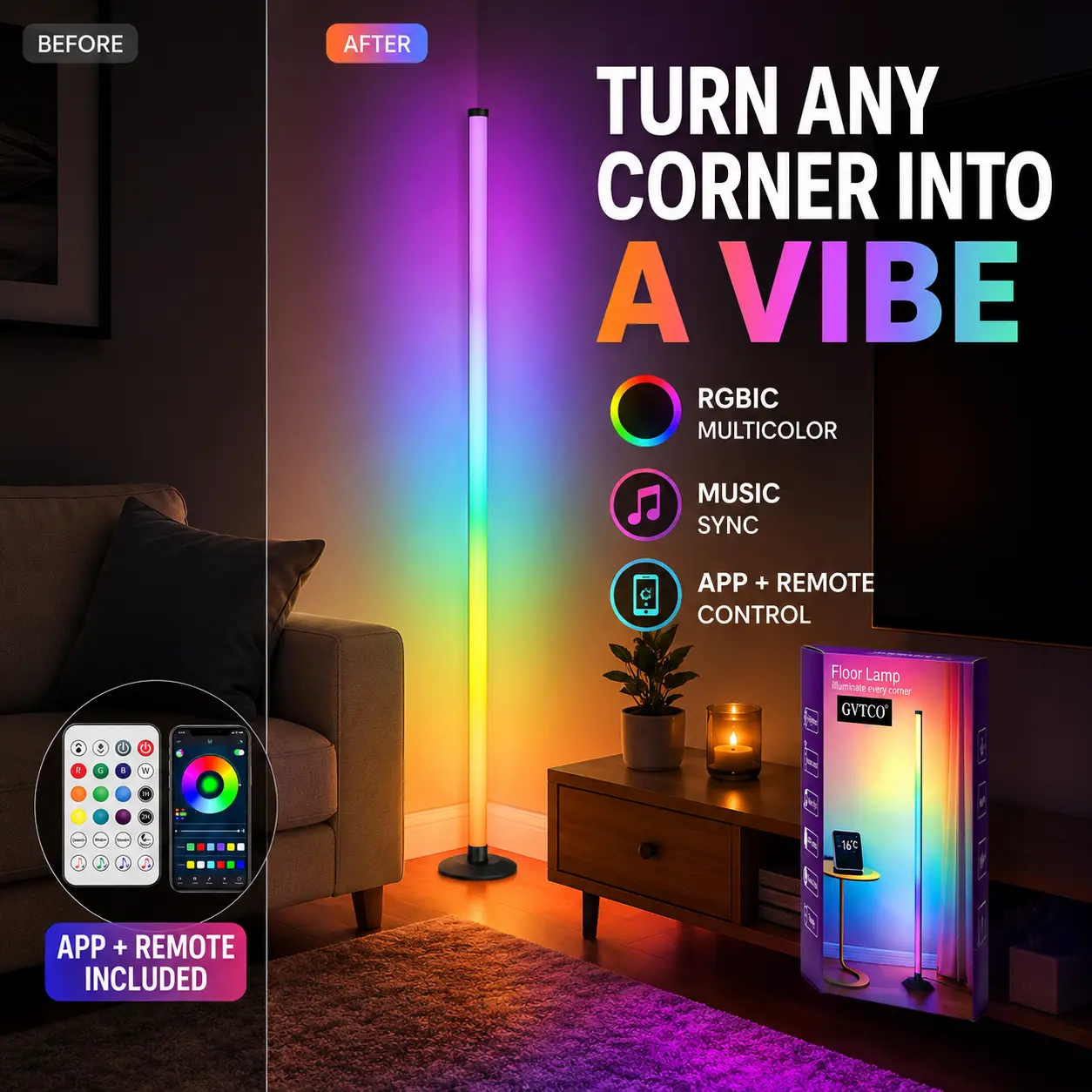 RGBIC LED Corner Floor Lamp, 48-Inch Color Changing Ambient Light with Bluetooth App & Remote for Living Room, Bedroom, Movie Night, Gaming Room, 1 Pack