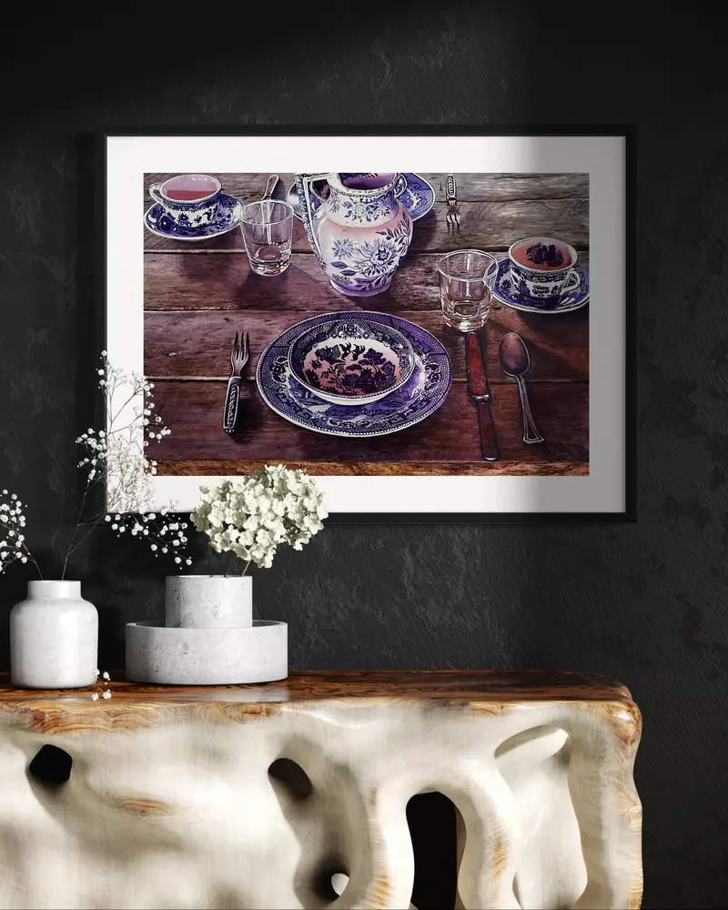 The Table Is Set Watercolor Painting - Framed Artwork Featuring a Wooden Table with Blue and White Dishes and Utensils