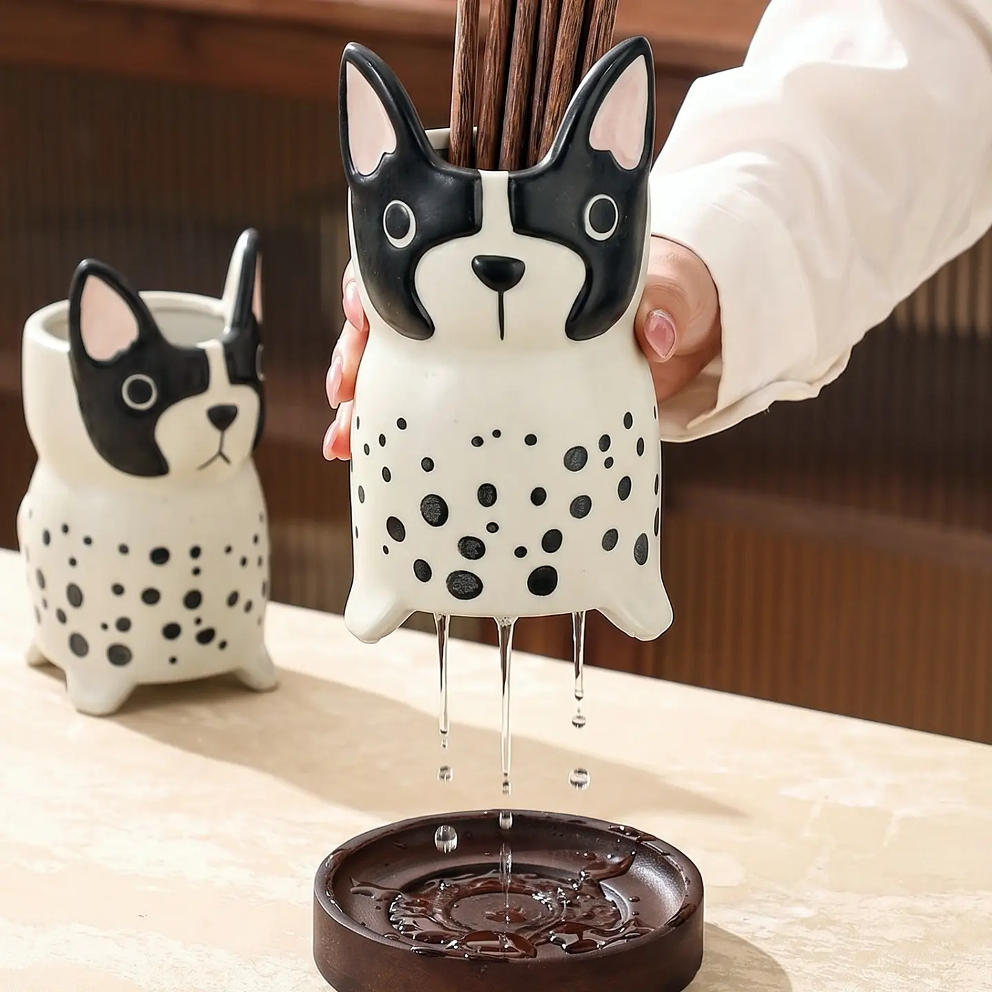 HongDian Spotted Dog Ceramic Utensil Holder,Kitchen Cutlery Flatware Caddy,Fork Spoon Chopstick Drain Holder,Bathroom Toothbrush Organizer,Black White,Premium Ceramic,Drain Hole Base,SGS Tested Underglaze Fade Resistant,Dishwasher Sterilizer Safe