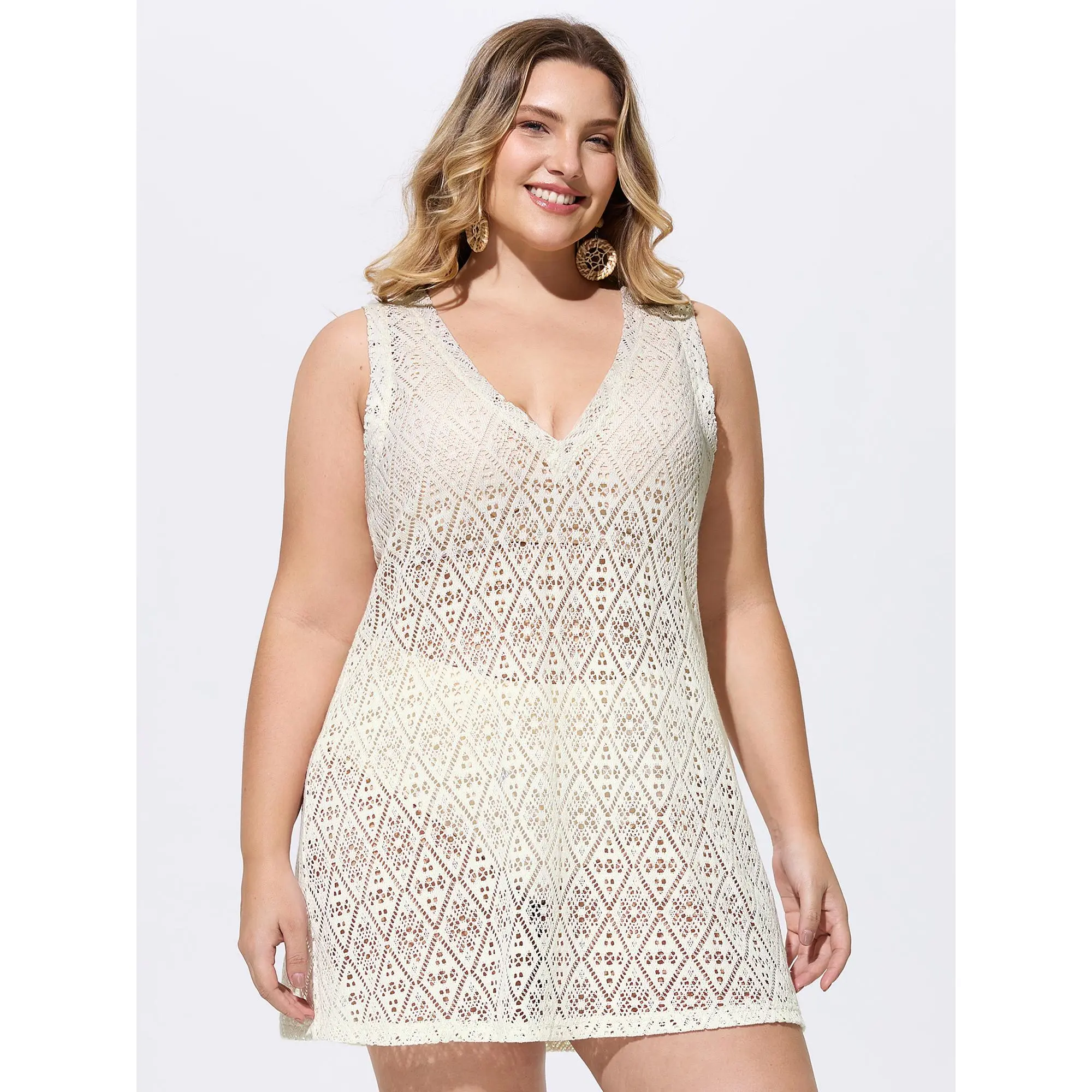 BloomChic V-Neck Cable Knit Cotton Pullover, Plus Size Women's Beach Cover-Up with Crochet Pattern and Cut Outs