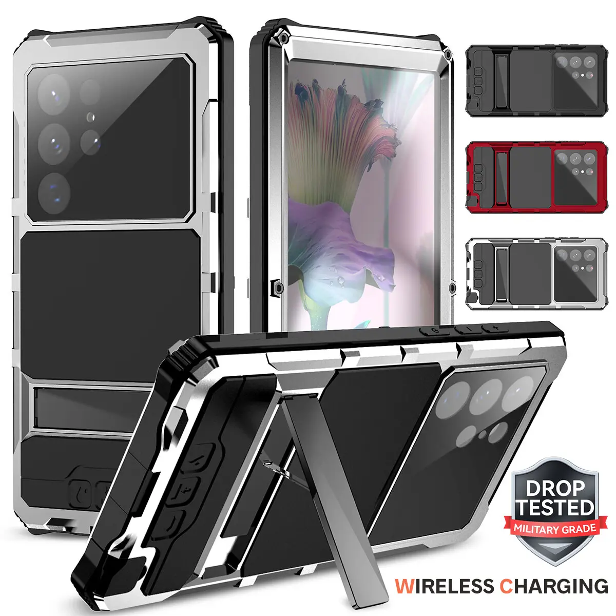 Full Body Waterproof case For Samsung S24 S23 S22 Ultra Aluminum Metal with Screen Protector (NO support fingerprint unlocking) Camera Protector Military Rugged Heavy Duty Shockproof Case with Metal Kickstand Tough Dustproof Drop Tested Outdoor case