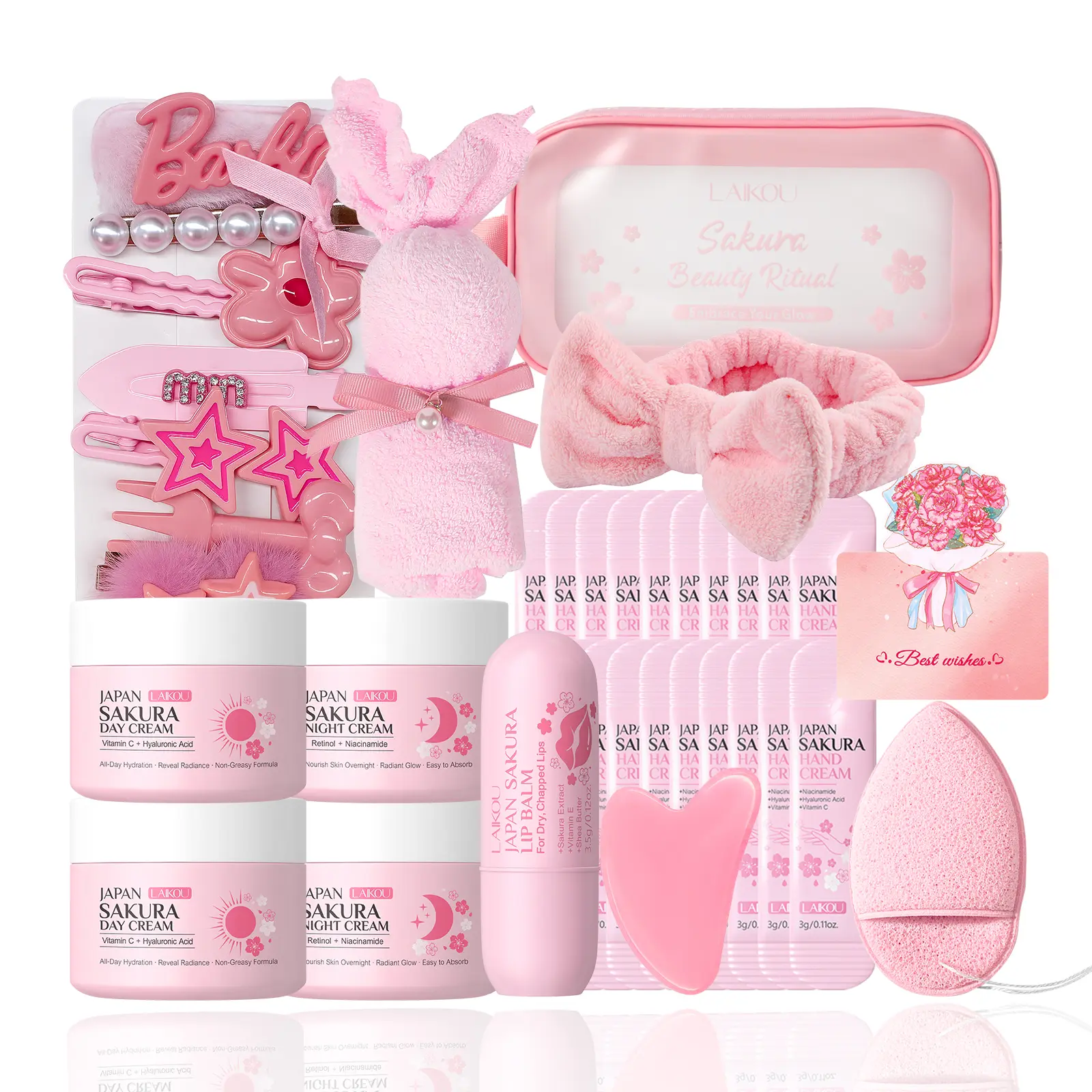LAIKOU JAPAN SAKURA SKINCARE SET Natural sakura extract nourishes skin day and night, soothes sensitive dry skin, reduces dry lines, brightens complexion, keeps skin soft and supple all day long, ideal for everyday use and gifting