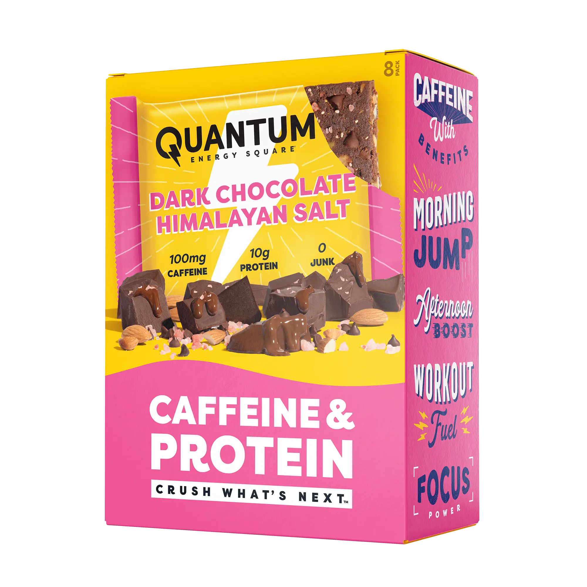 Quantum Energy Square Healthy Protein Energy Bars Dark Chocolate Pink Himalayan Salt 8Pk Snack - Organic Caffeine with Balanced Macronutrients, 10g Plant-Based Protein, Vegan, Gluten-Free, Non-GMO