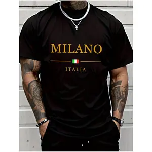 Men's Milan Italian Pattern Printed Cotton T-shirt with Gold and Italian Flag Design, Made of High Quality Cotton, Suitable for Sports, Leisure, Daily Style, Parties, Beach and Night, Comfortable Fit, Italian T-shirt