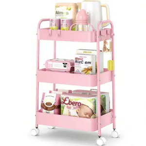 3 Tier Rolling Cart, Metal Utility Cart with 4 Hooks Storage Cart on Wheels Craft Cart with Handle for Organizer Storage for Classroom Office Dorm Home Pink
