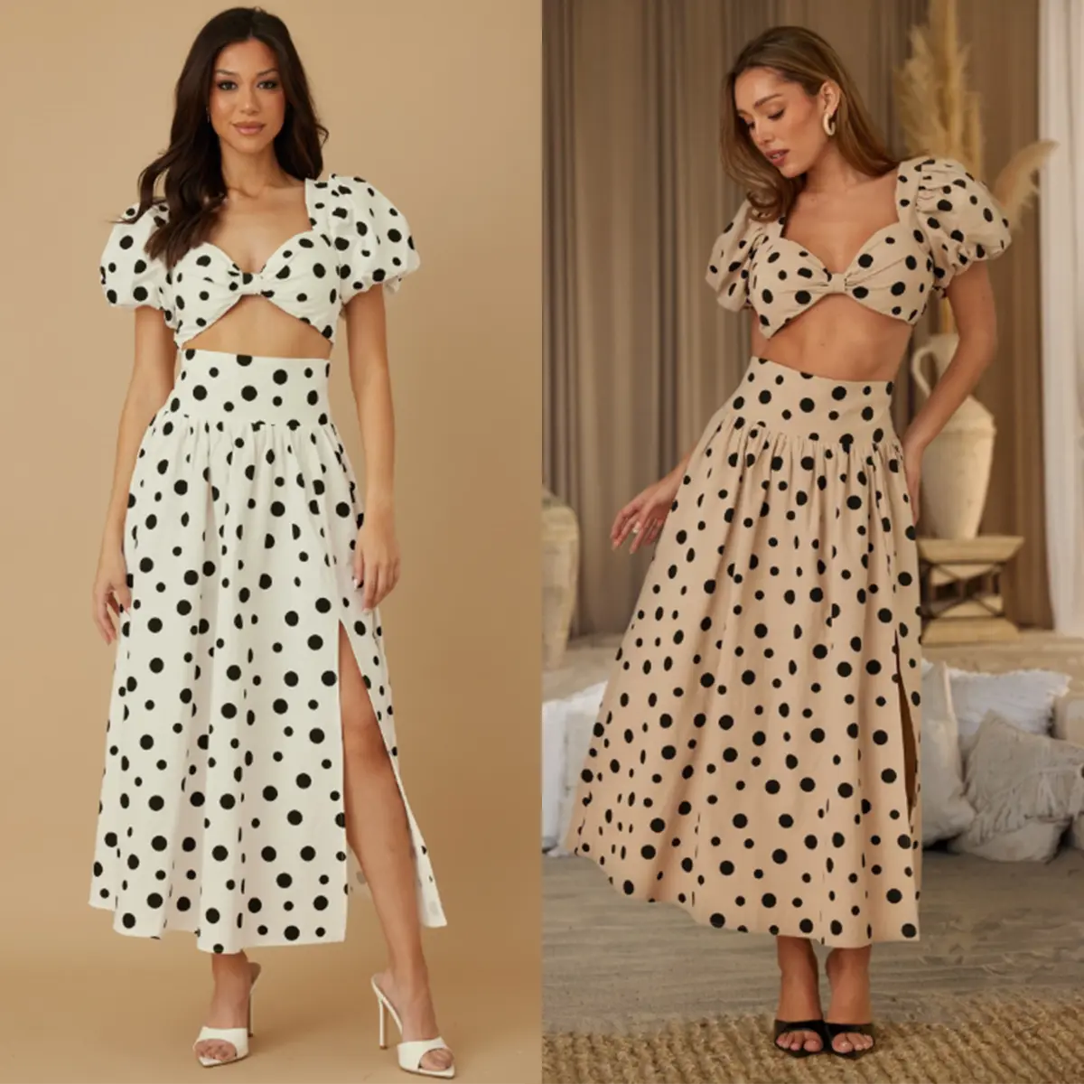 TWO PIECE GIRLY POLKA DOTS SETS - RIBBON BOW LOOK TOP WITH PUFF SHOULDER CAP SLEEVE - OPEN CROP - FULL ZIPPER ON BACK OF TOP - WIDE ELASTIC STRETCH WAIST BAND WITH ZIPPER - FLOWY BOTTOM MID LENGTH SKIRT - SIDE OPEN SLIT ON SKIRT