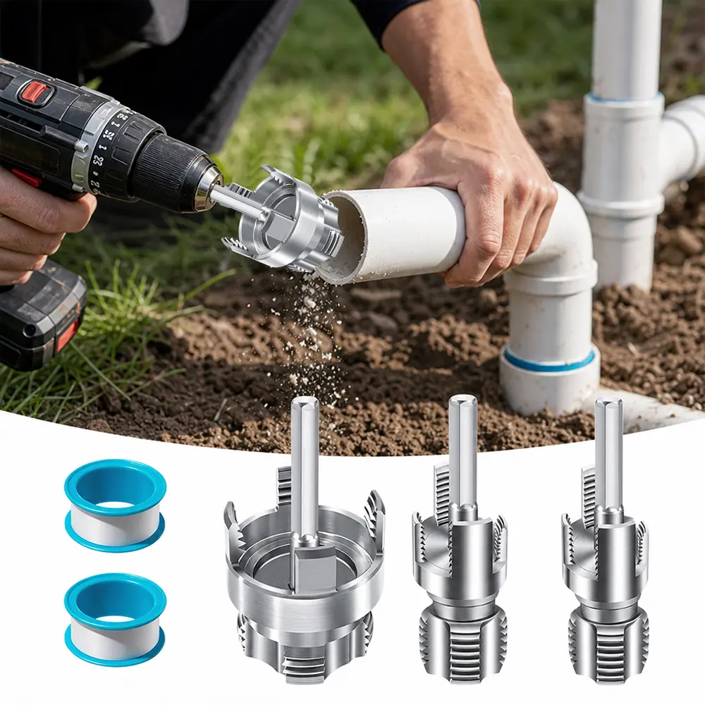 3 PCS Internal & External Pipe Threading Work Tools Set, 1/2''-3/4''-1'' PVC Plastic Pipe Threader Kit, with 2 PCS Raw Material Tape, Drill-Compatible Tool for Plumbing Projects, Home Repairs