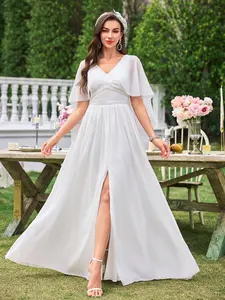 Elegant V Neck Ruffle Sleeve Gathered Waist Large Skirt Luxury Beaded Chiffon Light Wedding Dress, Perfect for Special Occasions