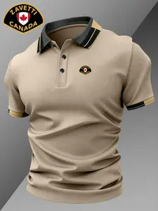 Men's Zavetti Canada Badge Print Polo Shirt, Elastic Casual Breathable All-Season Wear, Comfortable Durable High-End Fitted Shirt