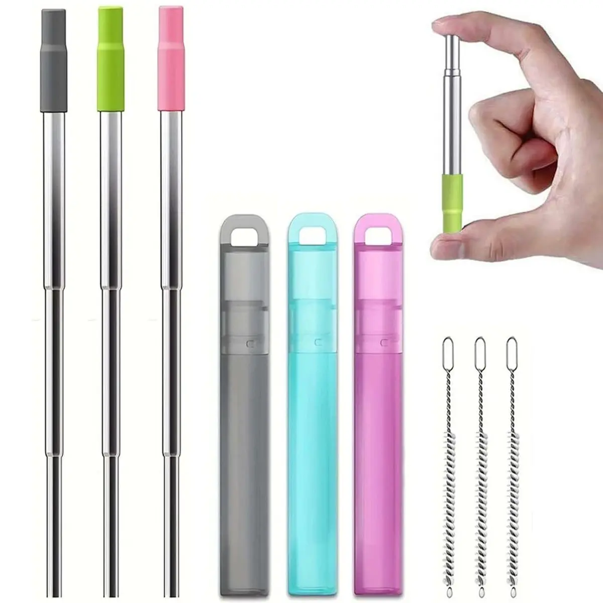 Stainless Steel Reusable Collapsible Portable Straws, with Silicone Tip & Case & Cleaning Brush, Ideal for Travel & Picnic Use, Travel Accessory, Water Bottle Straw