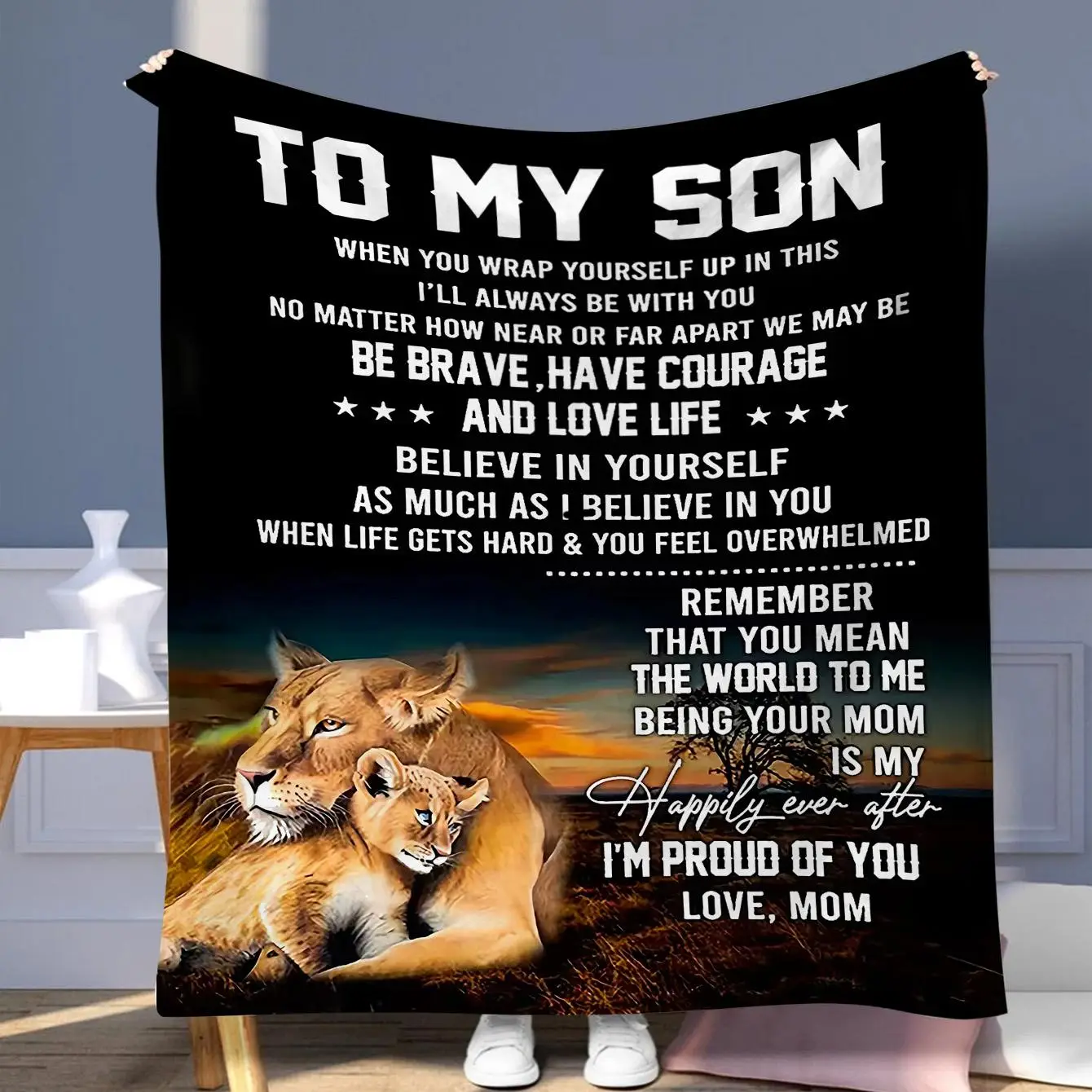 Lion Pattern To My Son Blanket, Soft Cozy Throw Blanket, Air-conditioned Room Blanket, Warm Nap Blanket for Home Office Travel