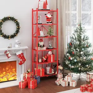 73.6 Inch Foldable Bookshelf,Six-Tier Metal Bookcase and Bookshelves,Heavy Duty Floor Standing Bookshelf Open,Tall Shelves for Living Room Office Bedroom,Red Christmas Organiser Racks