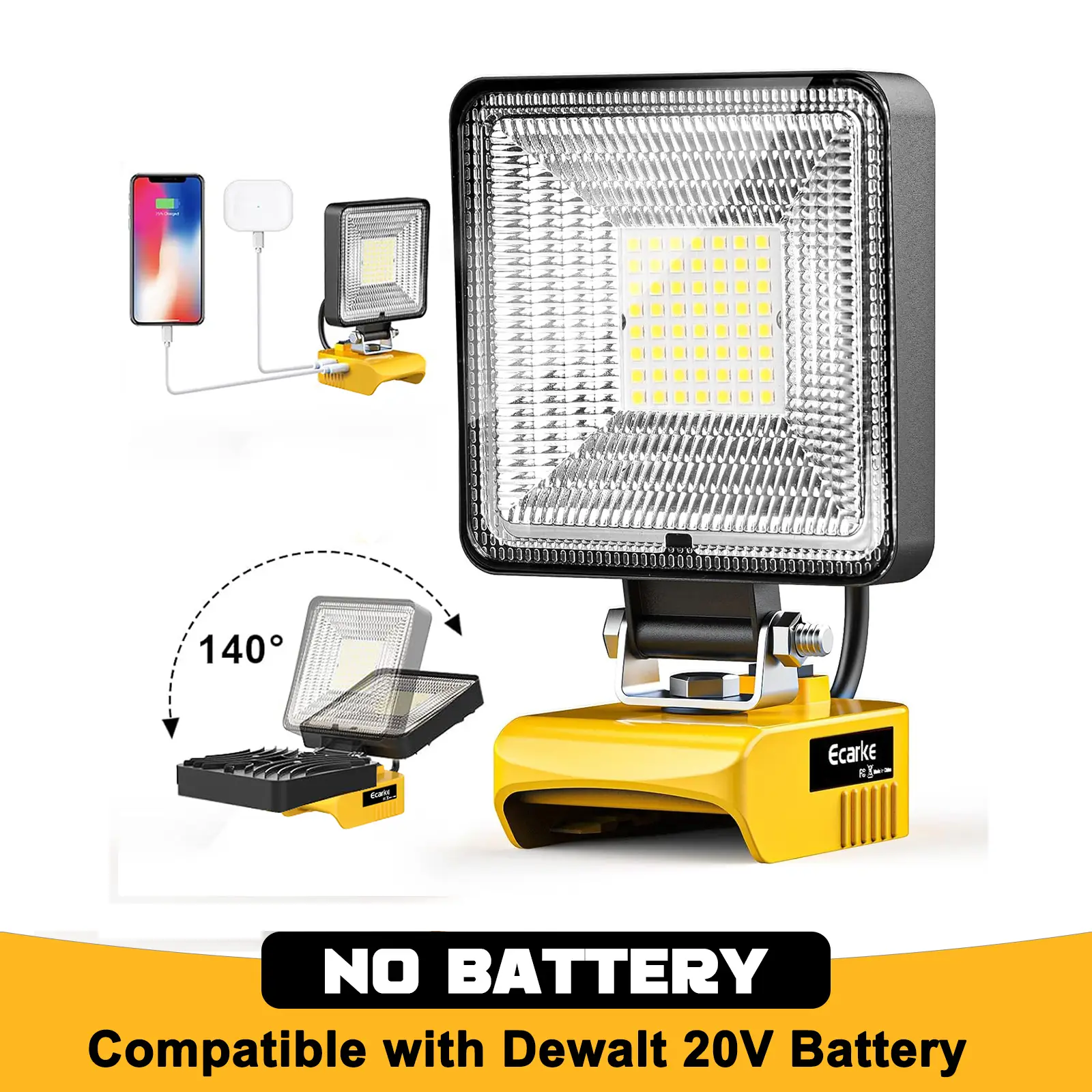 LED Work Light for Dewalt 20V Battery, Battery NOT Included, Job site Lighting 27W 2700 Lumens with Low Voltage Protection, USB & Type-C Charging Por