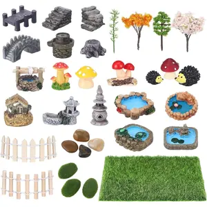 34 count Miniatures Garden Jumping Spider Enclosure Accessories Set Outdoor Fairy Terrarium Figurines Pool Bridge Fence Pond Street Lamps Mushroom Mini Garden Decor for Jumping Spider Habitat