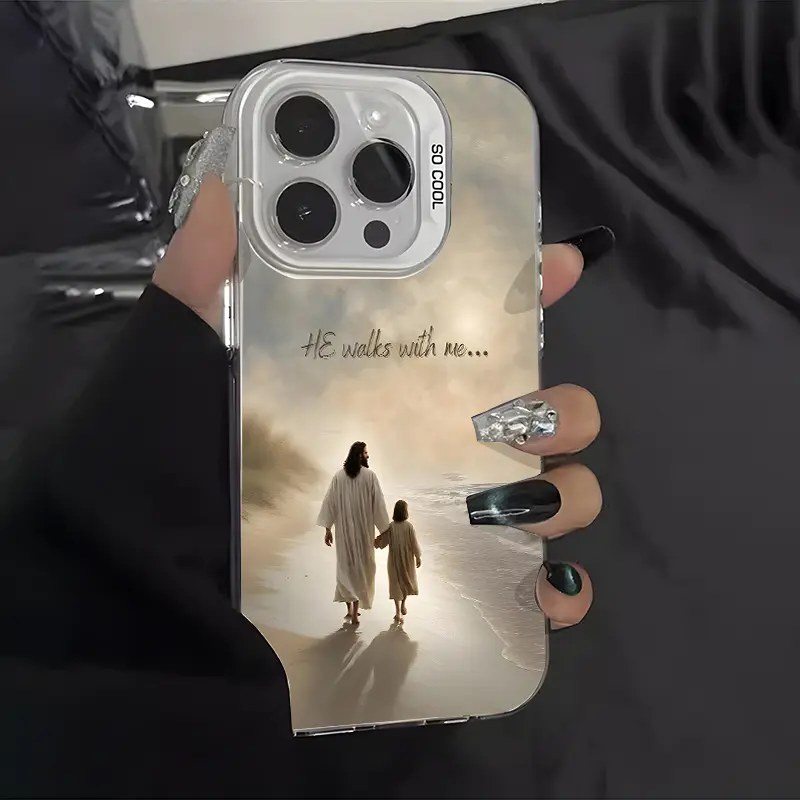 Customized Matte Slim Fit 1.2mm Durable Silicone Cellphone Casing for iPhone Series (17,16 Pro Max,15 Plus,14 Pro,14,13,12,11,Air,XS,XR) - Jesus Christus Beach Walk Aesthetic Pattern, Comfy Grip, Shockproof, Anti-Scratch, Mobile Phone Accessories