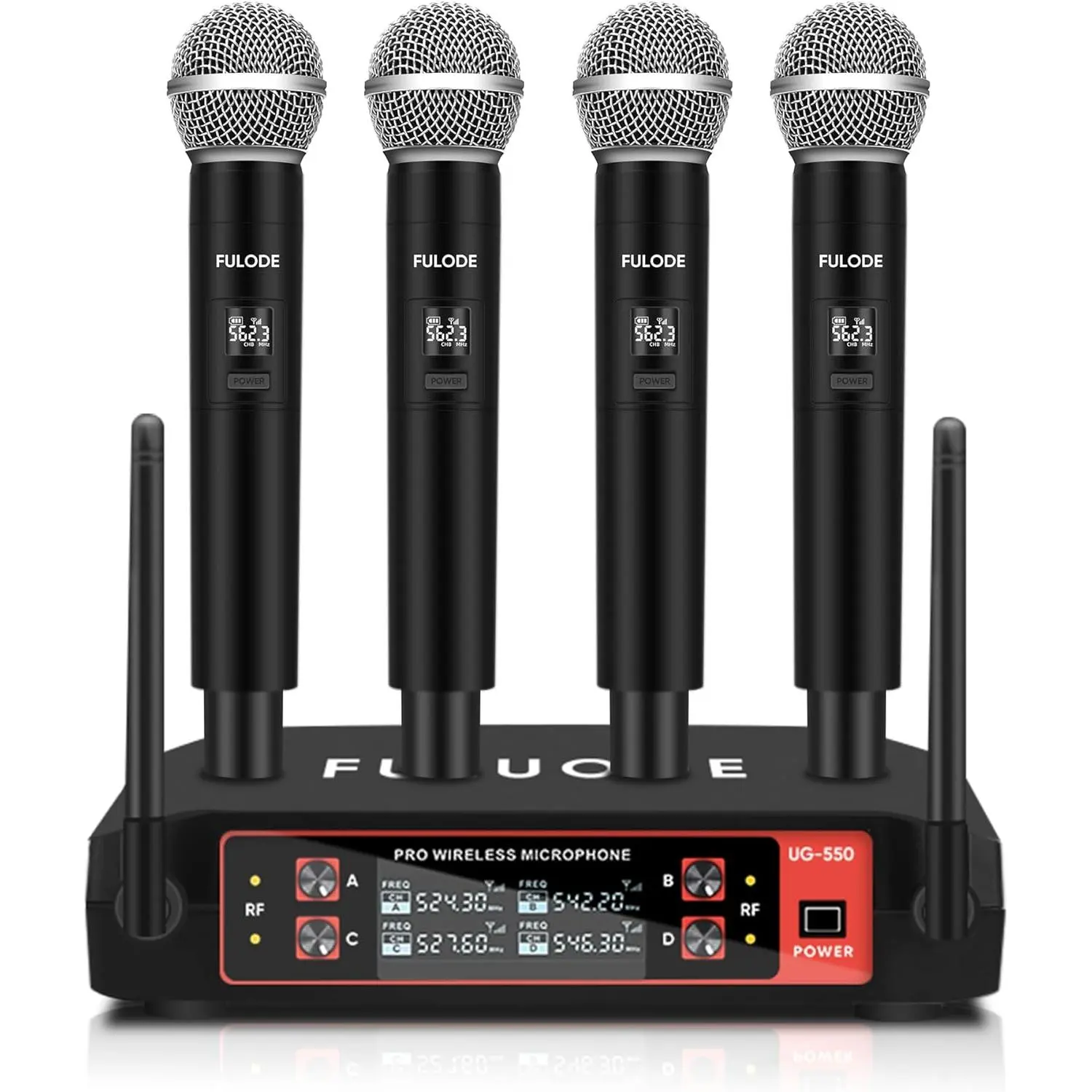 UG-550 Professional 4-Channel Wireless Handheld Karaoke Microphone System with Audio Receiver, 6.35 mm Jack, Plug, Cable, Adapter, Auto Sync, Easy Connection, Plug-and-Play, 200ft Long Range for Home Karaoke, Parties, Business Devices