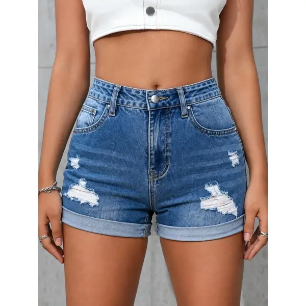 Women's High-Waist Distressed Ripped Gradient Wash Rolled Cuff Stretch Denim Shorts - Y2K Summer Casual Bottoms Hot Pants