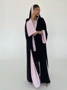 z160（1-Piece Black & Soft Pink Color-Block Open Abaya, Casual Modest Muslim Kimono Outerwear）