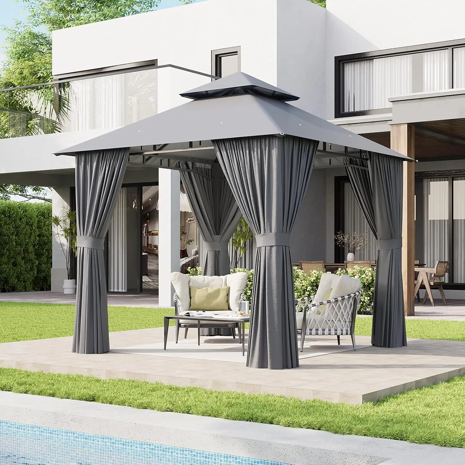 Aoxun 8x8 Gazebo with Curtain & Mosquito Netting OutdoorGazebo with Double Roof, Patio Tent with Zipper ScreensBackyard Garden Lawn Shelter