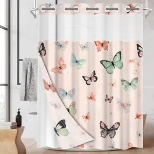 1pc hookless shower curtain with buckle lining, spring-themed pink floral butterfly design, 2D flat printing, waterproof fabric lining, see-through double-layer shower curtain, 71 x 74 inches, modern home draping curtain, Flower, Shower Curtain Liner