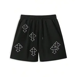 Men's Cross Print Drawstring Waist Shorts, Casual Fitted Street Style Baggy Streetwear Regular Fit Pocket Straight Leg Shorts for Summer, Men's Bottoms for Daily Wear, Vintage Clothing, Shorts for The Summer, Menswear, Loose Breathable Sports Shorts