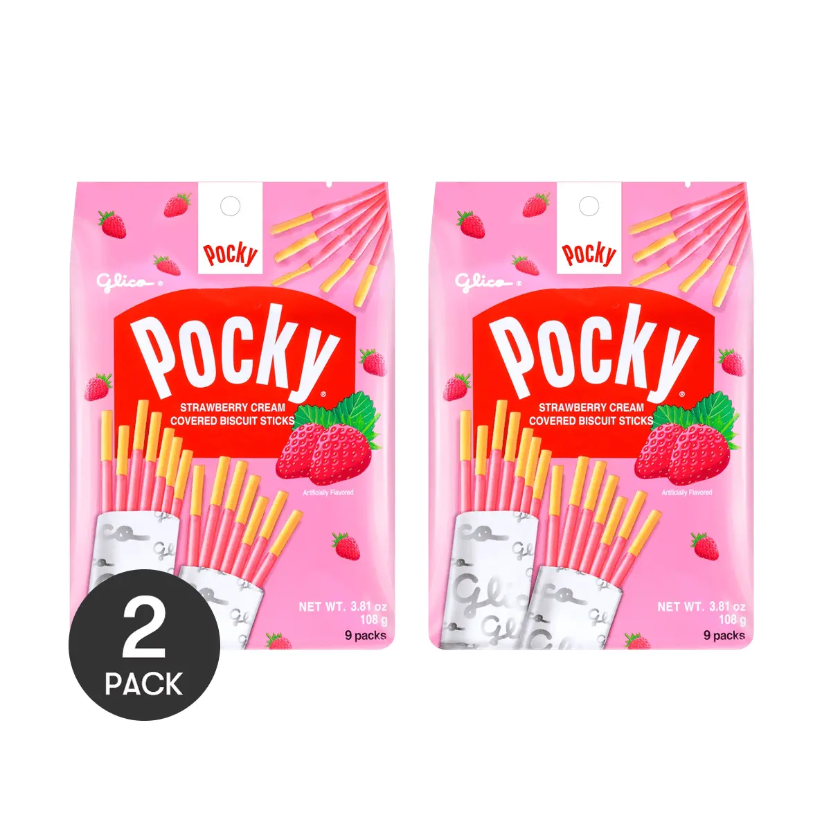 GLICO POCKY Strawberry Coated Biscuit Sticks - Family Pack, 2 Bags, 9 Packs, 108g Each
