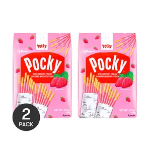 GLICO POCKY Strawberry Coated Biscuit Sticks - Family Pack, 2 Bags, 9 Packs, 108g Each GLICO POCKY Strawberry Coated Biscuit Sticks - Family Pack, 2 Bags, 9 Packs, 108g Each