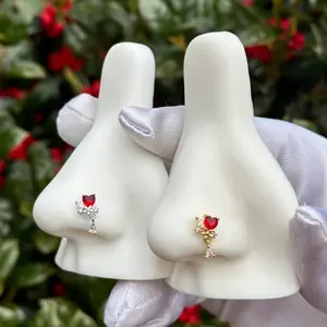 Stainless Steel Heart Nose Ring 20G 7mm Long Shaped with Red Gemstone Detail