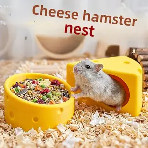 Cheese Shaped Hamster Hideout House with Food Bowl, All Season Warm Sleeping Nest for Hamster, Syrian Hamster and Small Pets, Creative Cage Landscaping Ornament