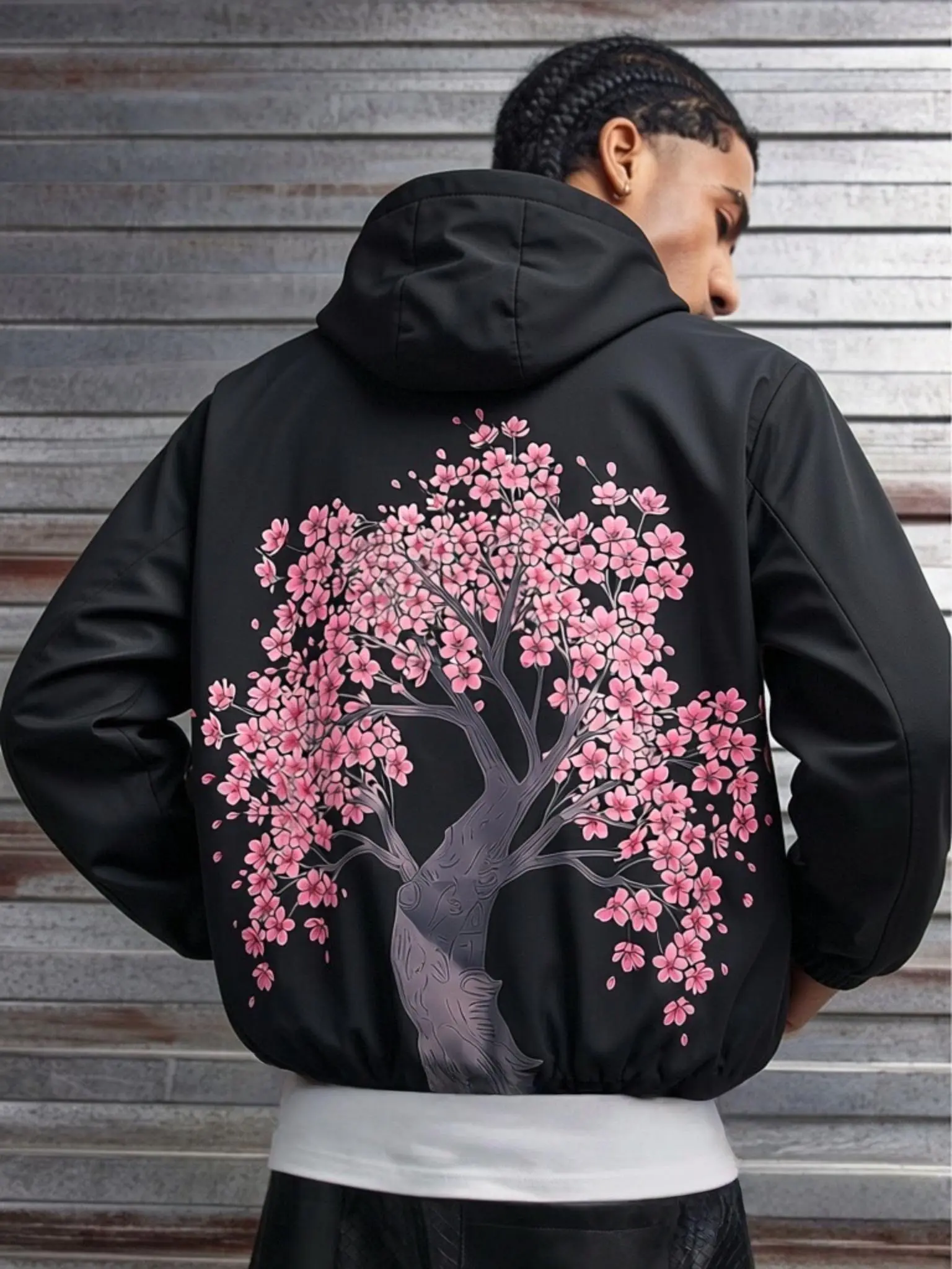 Men's Cherry Blossom Hooded Windbreaker Jacket, Black Japanese Sakura Back Graphic Lightweight Outerwear with Drawstring Hem & Elastic Cuffs, Casual Harajuku Streetwear Daily Wear Coat for Men