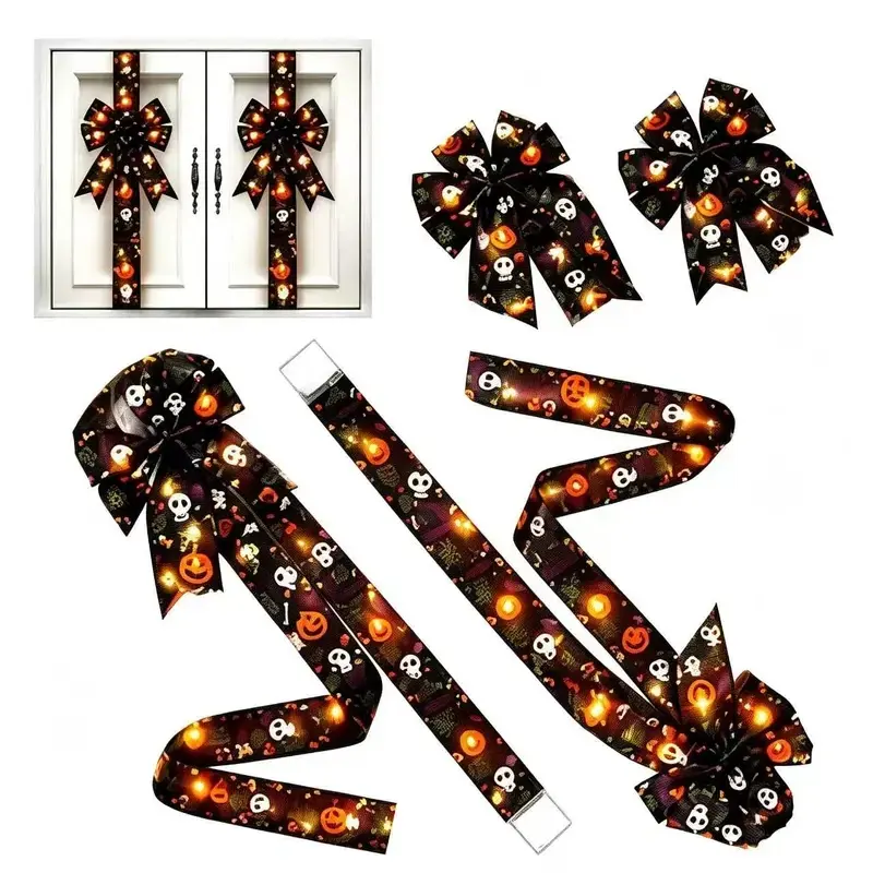 8-piece Halloween cabinet door LED tassel bow wreath with skull and pumpkin patterns, 79 x 2.4 inches, polyester fiber, festive home decor.