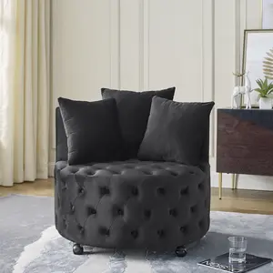 ARCH Velvet Upholstered Swivel Chair for Living Room, with Button Tufted Design and Movable Wheels, Including 3 Pillows, Black    RR