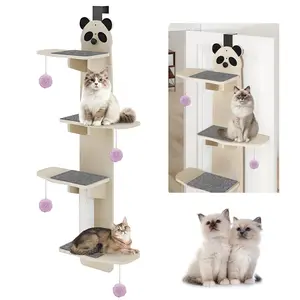 Door Hanging Cat Shelf, Cat Door Hanging Tree,  Door Hanging Cat Tree Tower with Shelves, Over The Door Cat Tree with 4 Vertical Tiers & Scratching Post, Cat Door Hanger with 4 Tease Ball & Plush Pads, Door Hanging Cat Shelves for Indoor Cats